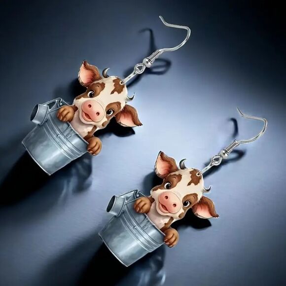 New Acrylic Cow in a Bucket Earrings, 1 pair - Picture 4 of 6